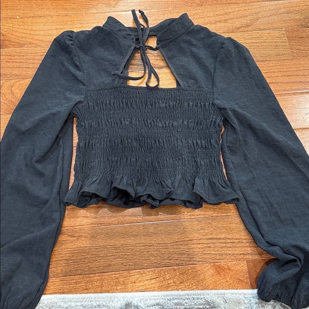 Black Smocked Long Sleeve Top